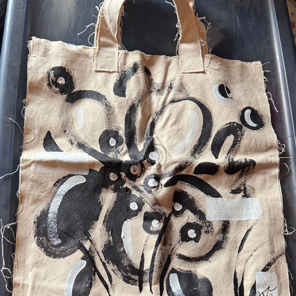Hand Sewn and Painted Artistic Canvas Tote Bag 17 inches wide by 16 inches tall